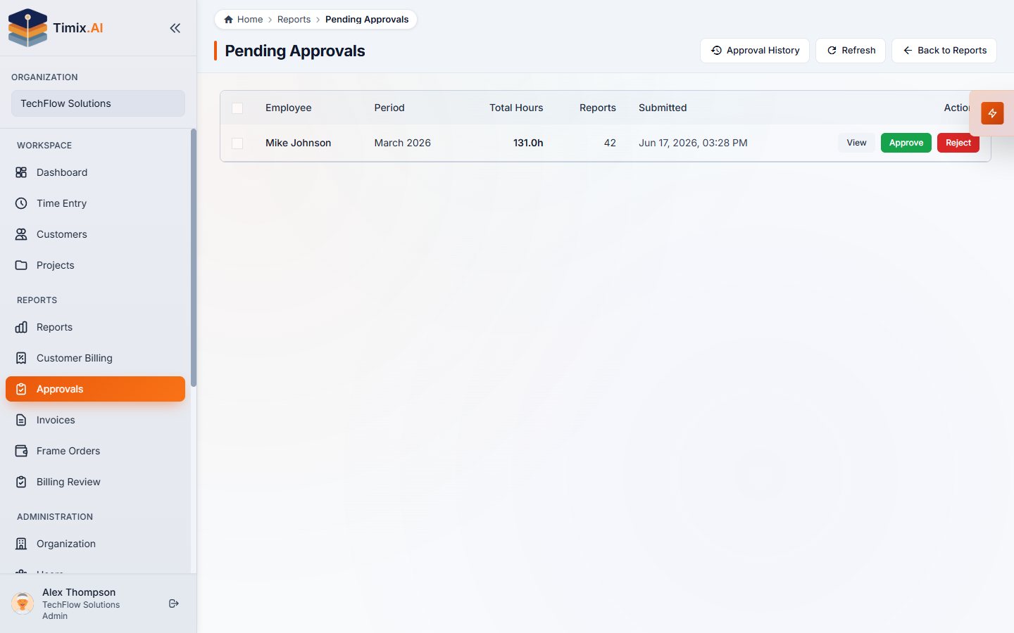 תור ה-Pending Approvals — דיווחי שעות שהוגשו וממתינים לסקירה