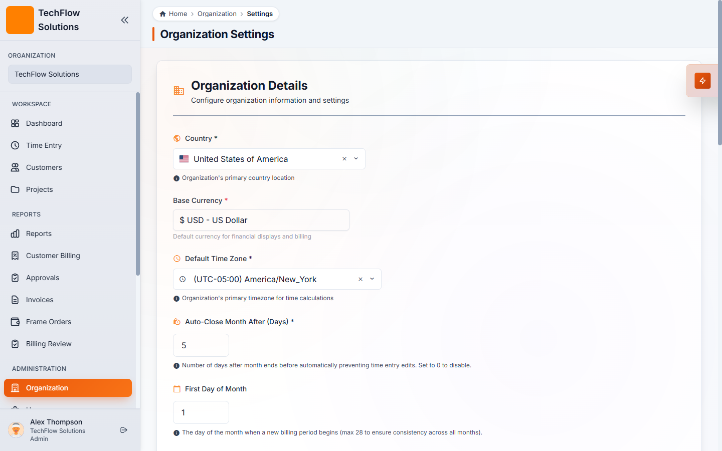 Organization Settings — Auto-Close Month ו-First Day of Month