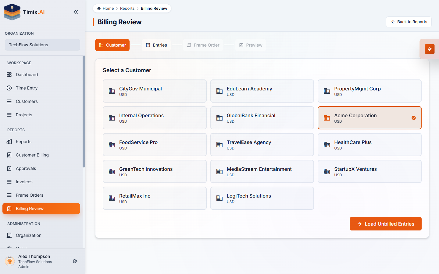 Billing Review שלב 1 — בחירת הלקוח לחיוב