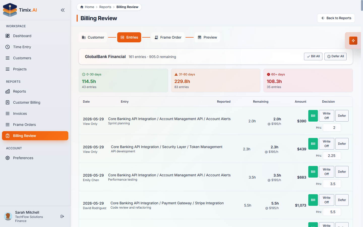 Billing Review שלב 2 — הרשומות המאושרות, לכל אחת בחירת Bill או Defer