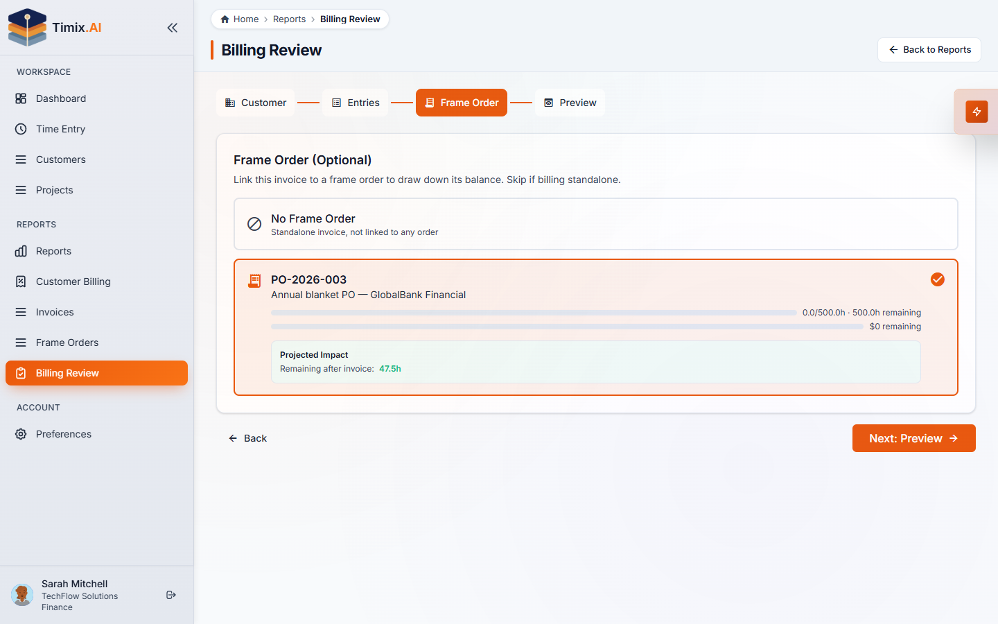 Billing Review שלב 3 — קישור החשבונית ל-PO/הזמנת המסגרת של הלקוח