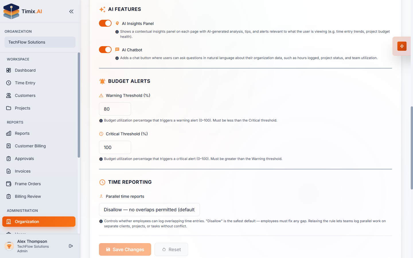 Organization Settings — AI Features (Insights Panel ו-Chatbot)