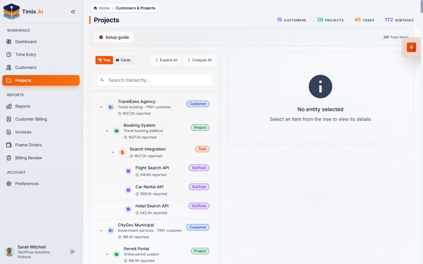 עץ ה-Projects — מ-Customer ועד SubTask
